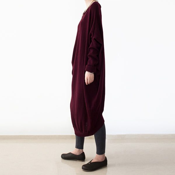 Burgundy Knit Dresses Fall O Neck Pullover Low High Design Long Knit Sweaters