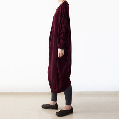 Burgundy Knit Dresses Fall O Neck Pullover Low High Design Long Knit Sweaters