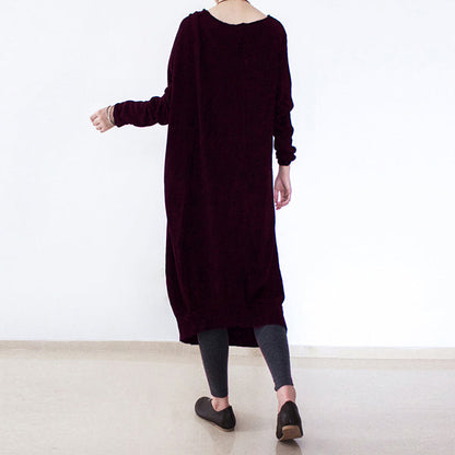 Burgundy Knit Dresses Fall O Neck Pullover Low High Design Long Knit Sweaters