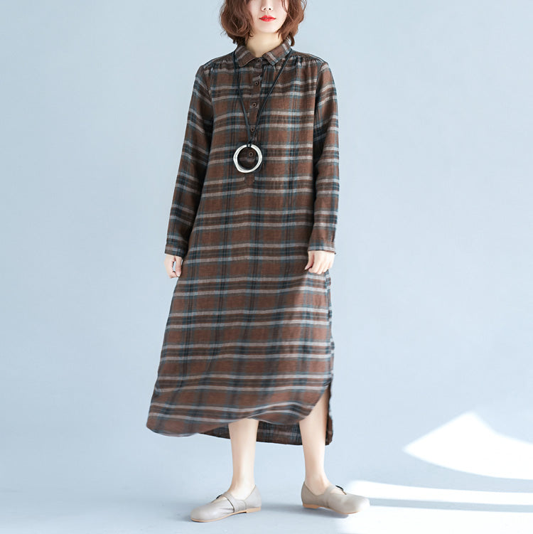 Chocolate Plaid Cotton Linen Caftans Turn-down Collar Baggy Dresses Long Sleeve Dresses