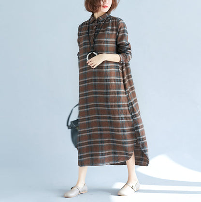 Chocolate Plaid Cotton Linen Caftans Turn-down Collar Baggy Dresses Long Sleeve Dresses