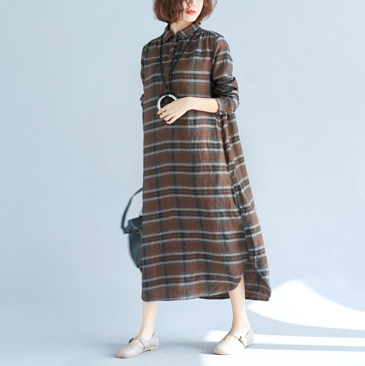 Chocolate Plaid Cotton Linen Caftans Turn-down Collar Baggy Dresses Long Sleeve Dresses