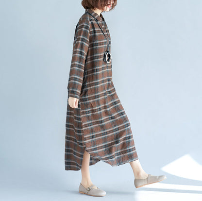 Chocolate Plaid Cotton Linen Caftans Turn-down Collar Baggy Dresses Long Sleeve Dresses