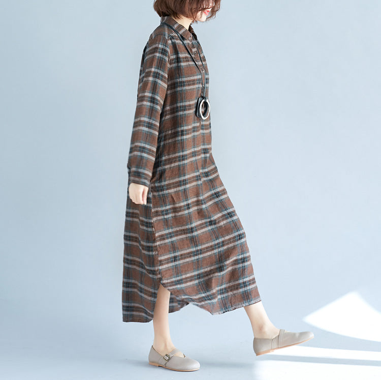 Chocolate Plaid Cotton Linen Caftans Turn-down Collar Baggy Dresses Long Sleeve Dresses