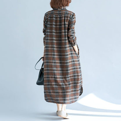 Chocolate Plaid Cotton Linen Caftans Turn-down Collar Baggy Dresses Long Sleeve Dresses