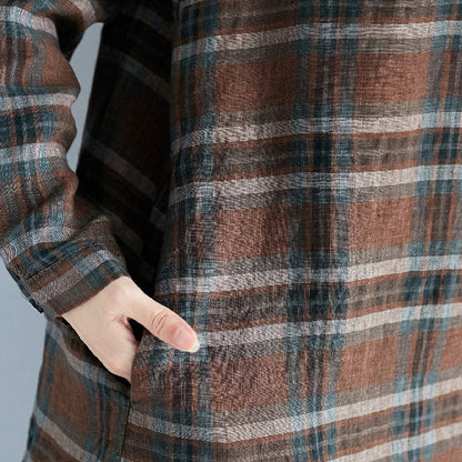 Chocolate Plaid Cotton Linen Caftans Turn-down Collar Baggy Dresses Long Sleeve Dresses