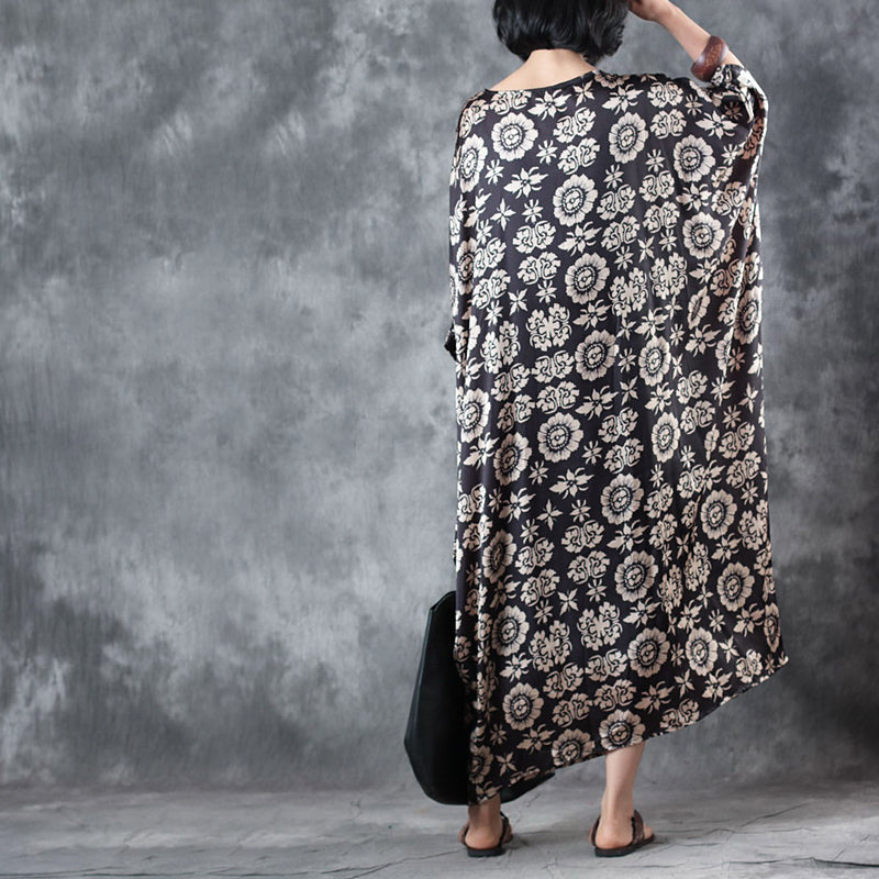 Chocolate Silk Sundress O Neck Batwing Sleeve Summer Dress Baggy Dresses Silk Sundress