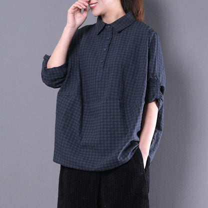 Cotton Blended Tops Oversized Polo Collar Long Sleeve Green Plaid Shirt