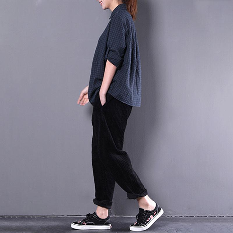 Cotton Blended Tops Oversized Polo Collar Long Sleeve Green Plaid Shirt
