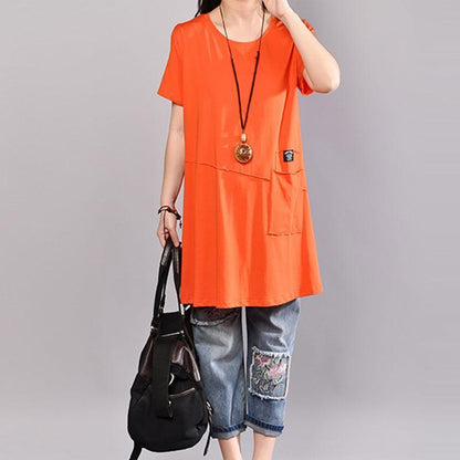 Cotton Blouses Round Neck Short Sleeve Orange T Shirt