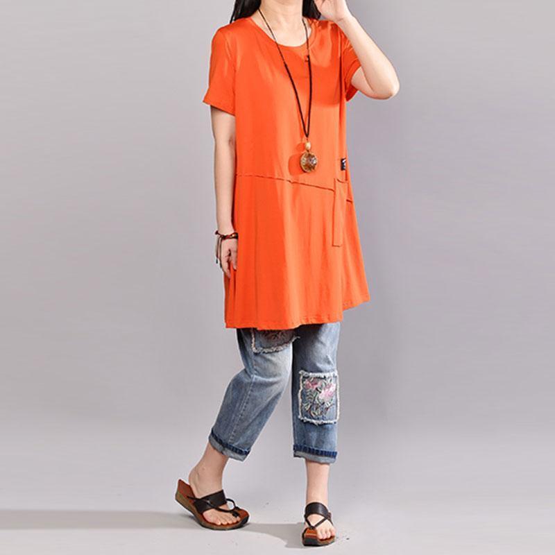 Cotton Blouses Round Neck Short Sleeve Orange T Shirt