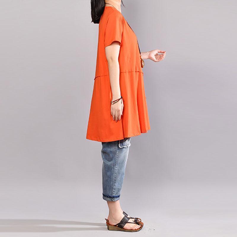 Cotton Blouses Round Neck Short Sleeve Orange T Shirt