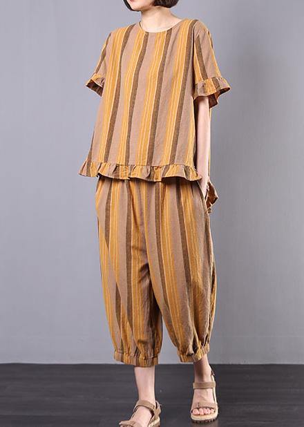 Cotton Linen Yellow Striped Ruffles Short Sleeve Blouse With Harem Pants