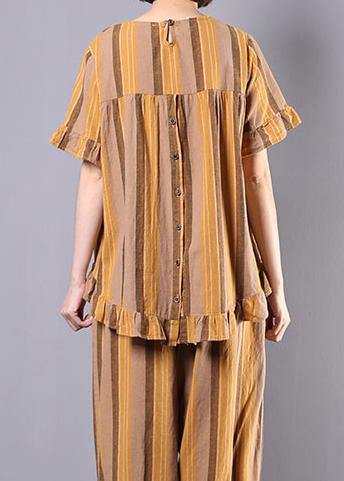 Cotton Linen Yellow Striped Ruffles Short Sleeve Blouse With Harem Pants
