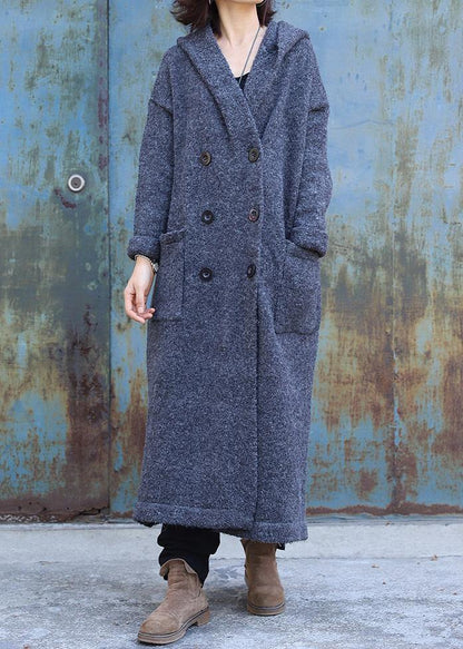 Dark Gray Woolen Outwear Double Breastmaxi Coat Hooded Woolen Outwear