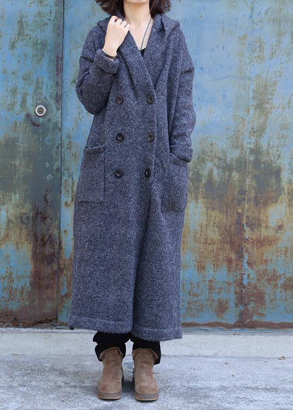 Dark Gray Woolen Outwear Double Breastmaxi Coat Hooded Woolen Outwear