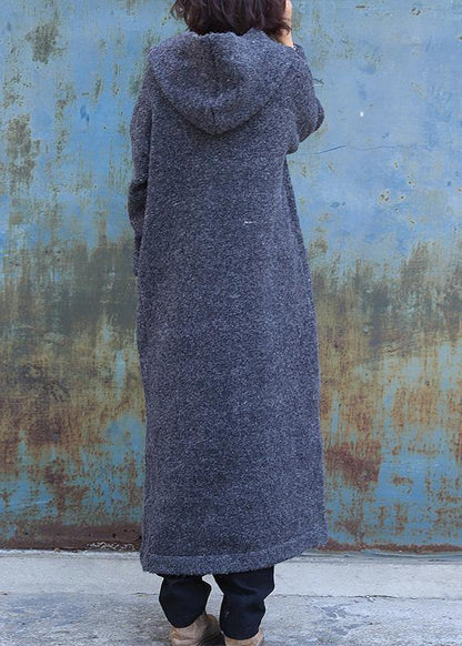 Dark Gray Woolen Outwear Double Breastmaxi Coat Hooded Woolen Outwear