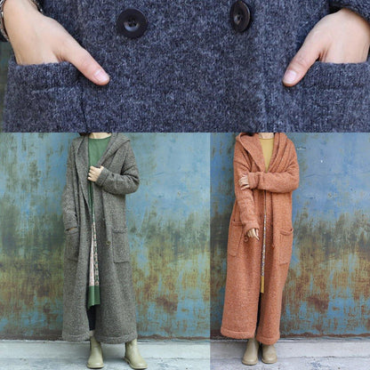 Dark Gray Woolen Outwear Double Breastmaxi Coat Hooded Woolen Outwear