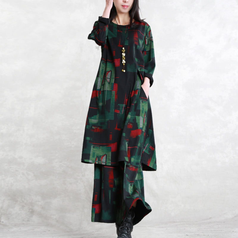 Cotton Blended Two Pieces Caftans Loose Fitting O Neck Pockets Gown Long Sleeve Side Open Tops Elastic Waist Trouse