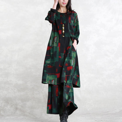 Cotton Blended Two Pieces Caftans Loose Fitting O Neck Pockets Gown Long Sleeve Side Open Tops Elastic Waist Trouse