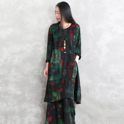 Cotton Blended Two Pieces Caftans Loose Fitting O Neck Pockets Gown Long Sleeve Side Open Tops Elastic Waist Trouse
