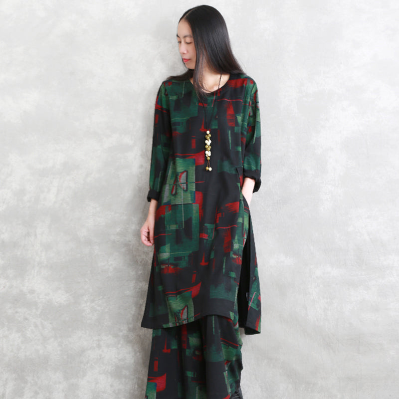 Cotton Blended Two Pieces Caftans Loose Fitting O Neck Pockets Gown Long Sleeve Side Open Tops Elastic Waist Trouse