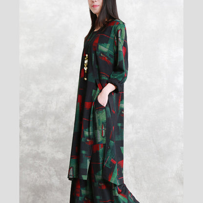 Cotton Blended Two Pieces Caftans Loose Fitting O Neck Pockets Gown Long Sleeve Side Open Tops Elastic Waist Trouse