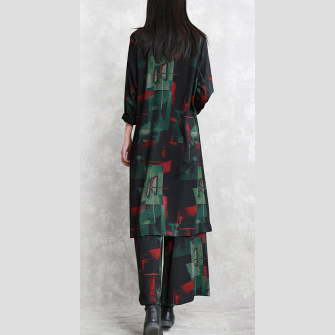 Cotton Blended Two Pieces Caftans Loose Fitting O Neck Pockets Gown Long Sleeve Side Open Tops Elastic Waist Trouse