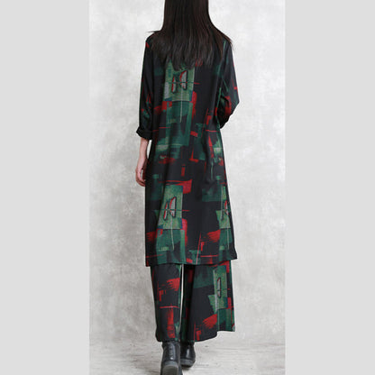 Cotton Blended Two Pieces Caftans Loose Fitting O Neck Pockets Gown Long Sleeve Side Open Tops Elastic Waist Trouse