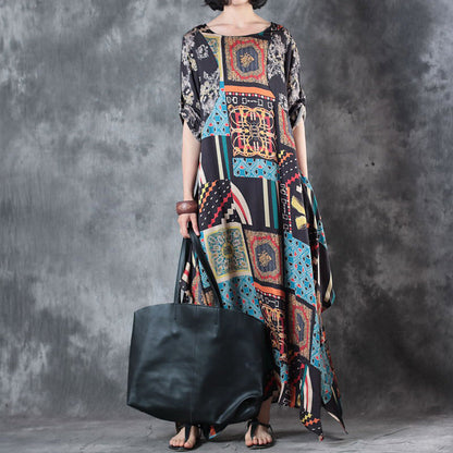 Silk Dress O Neck Asymmetric Silk Dress Short Sleeve Baggy Dresses