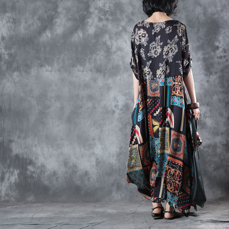 Silk Dress O Neck Asymmetric Silk Dress Short Sleeve Baggy Dresses