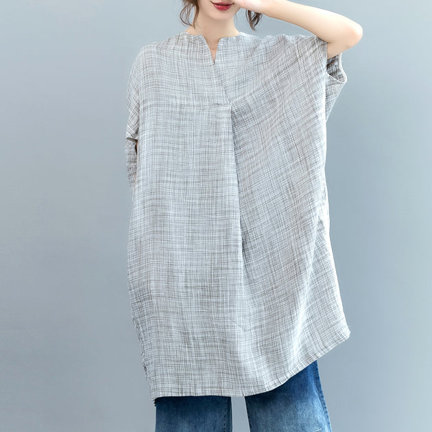 Gray Plaid Midi-length Linen Dress Linen Clothing Dress Fine Batwing Sleeve O Neck Baggy Dresses