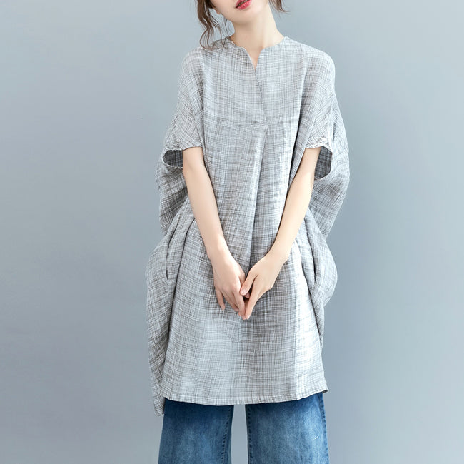 Gray Plaid Midi-length Linen Dress Linen Clothing Dress Fine Batwing Sleeve O Neck Baggy Dresses