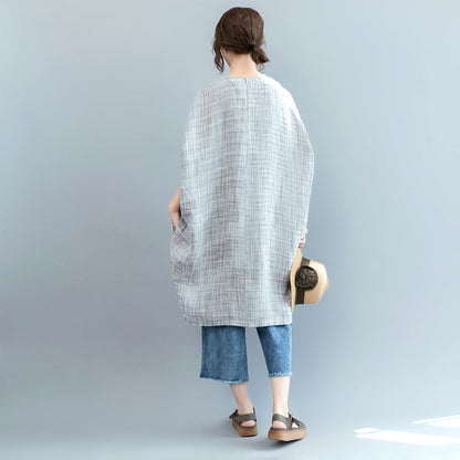Gray Plaid Midi-length Linen Dress Linen Clothing Dress Fine Batwing Sleeve O Neck Baggy Dresses