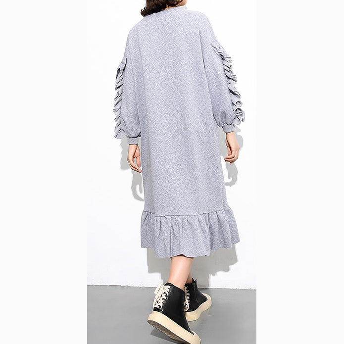 Gray Cotton Maxi Dress Loose Fitting O Neck Fall Dresses New Long Sleeve Cinched Caftans