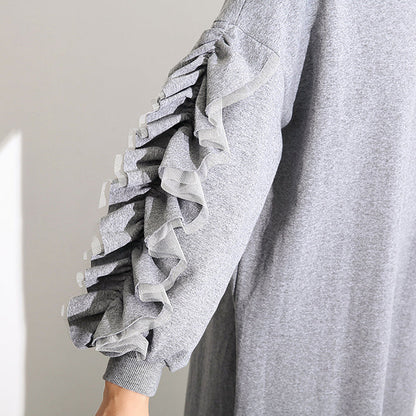 Gray Cotton Maxi Dress Loose Fitting O Neck Fall Dresses New Long Sleeve Cinched Caftans
