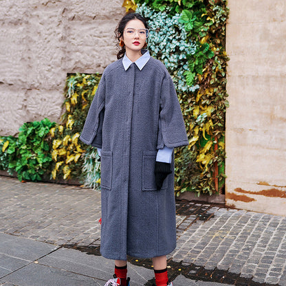 Gray Long Coat Oversized O Neck Wool Coat Boutique Flare Sleeve Pockets Long Coat