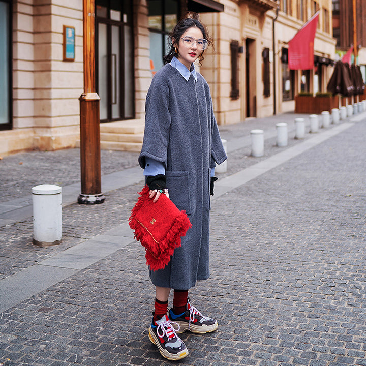 Gray Long Coat Oversized O Neck Wool Coat Boutique Flare Sleeve Pockets Long Coat