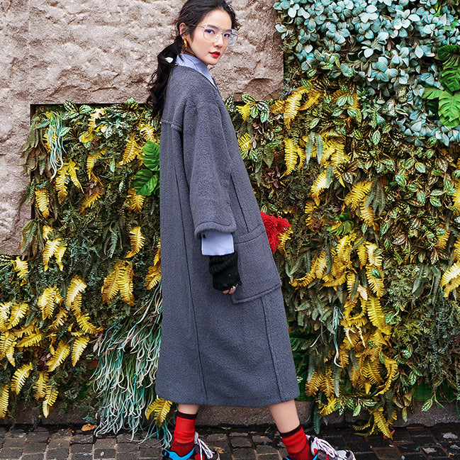Gray Long Coat Oversized O Neck Wool Coat Boutique Flare Sleeve Pockets Long Coat