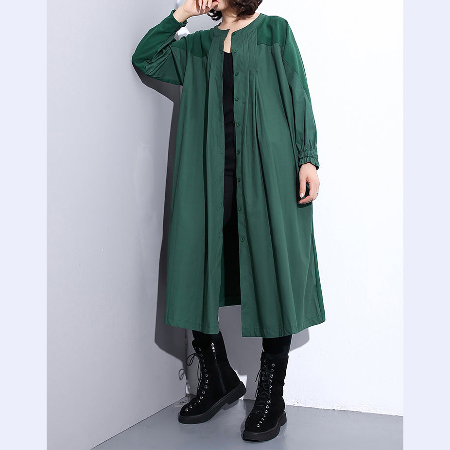 Green Coat Stand Collar Winter Coat Pockets Patchwork Coats
