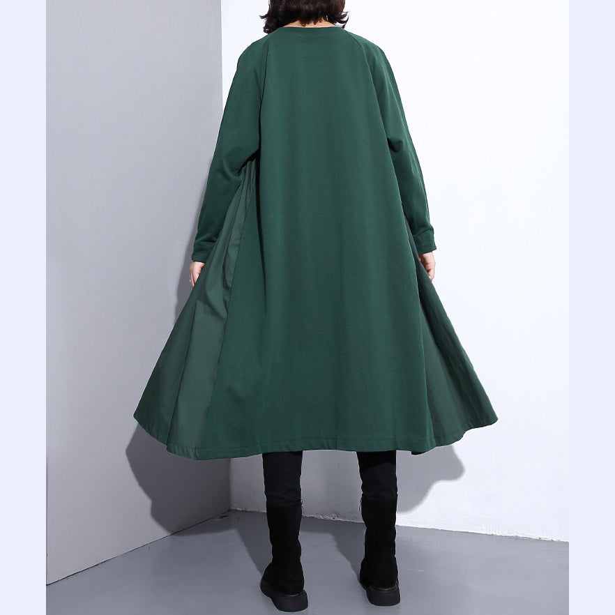 Green Coat Stand Collar Winter Coat Pockets Patchwork Coats