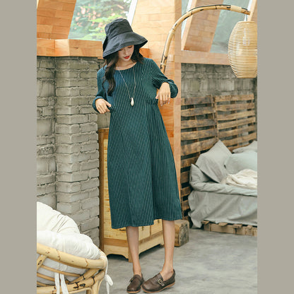 Green Striped Dresses Pockets O Neck Dresses