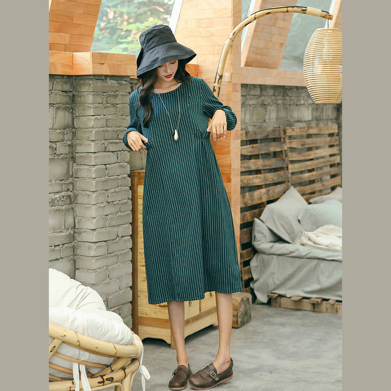 Green Striped Dresses Pockets O Neck Dresses