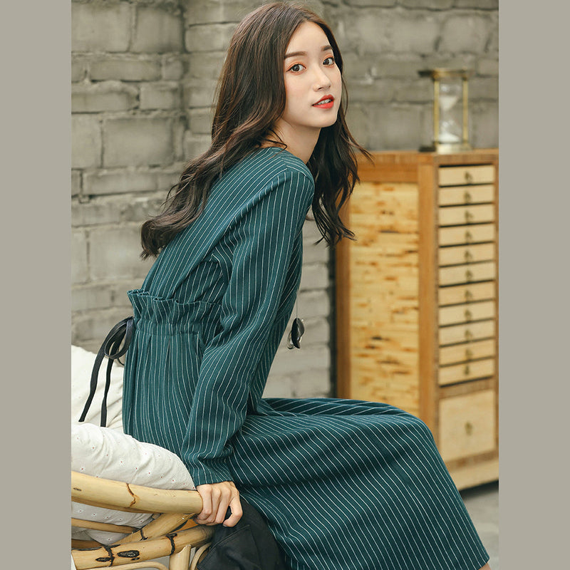 Green Striped Dresses Pockets O Neck Dresses