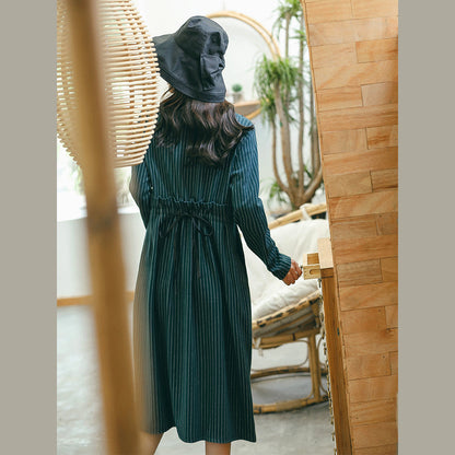 Green Striped Dresses Pockets O Neck Dresses