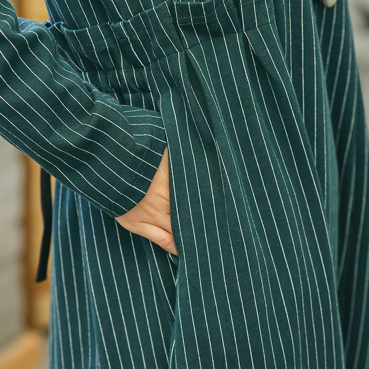 Green Striped Dresses Pockets O Neck Dresses