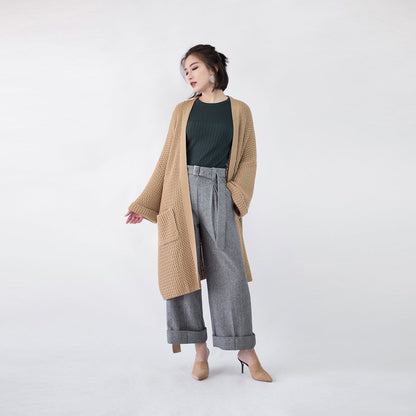 Khaki Coats Flare Sleeve Tie Waist Winter Coat Fine Pockets Wool Jackets