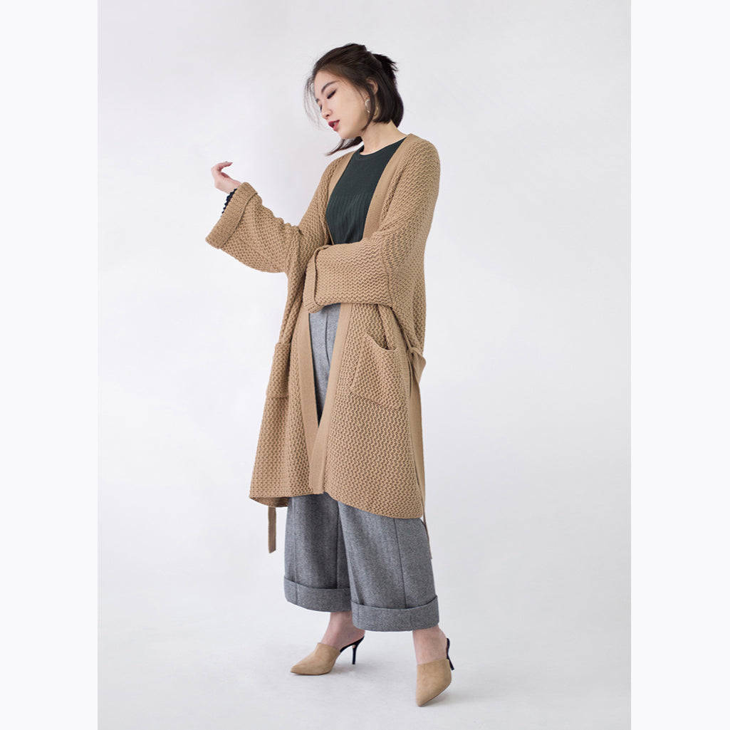 Khaki Coats Flare Sleeve Tie Waist Winter Coat Fine Pockets Wool Jackets