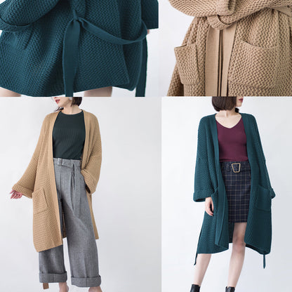Khaki Coats Flare Sleeve Tie Waist Winter Coat Fine Pockets Wool Jackets