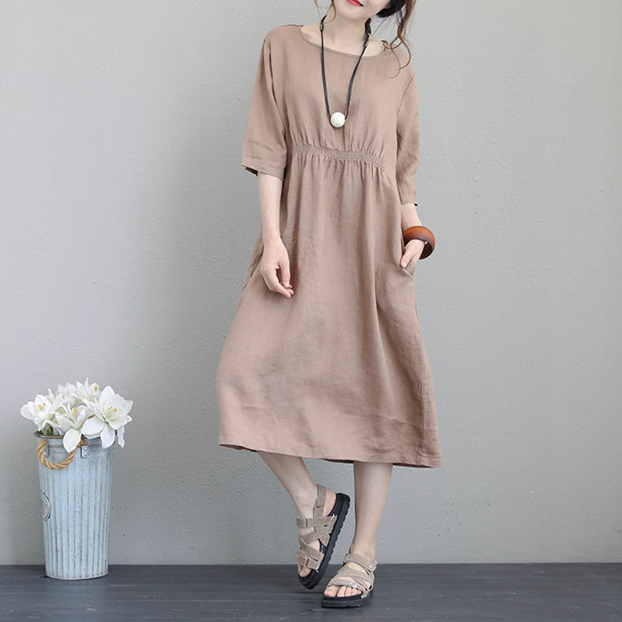 Khaki Linen Maxi Dress Loose Fitting Tunic Traveling Clothing Bracelet Sleeved Kaftans